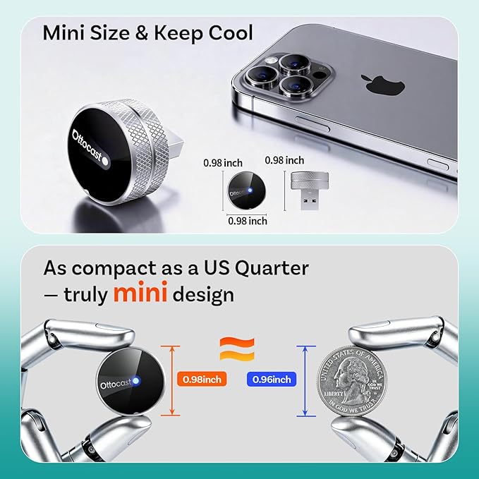 OTTOCAST Mini Tube 2026 Wireless CarPlay & Android Auto Adapter, Plug & Play Auto Connect, 5GHz WiFi Stable Performance, Compatible with iPhone & Android, Premium Aluminum Build