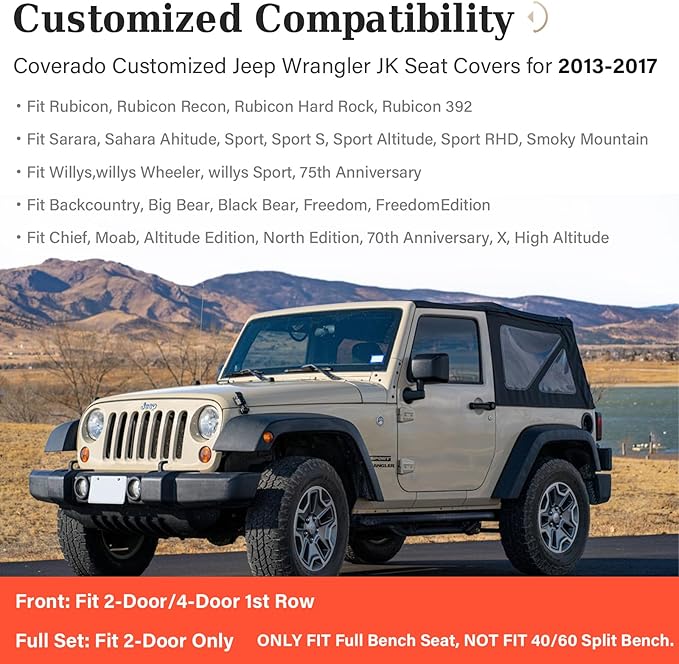 Coverado JK Front Seat Covers for Jeep Wrangler, Custom Fits Jeep Wrangler 2/4 Door 2013-2017 Unlimited Rubicon Sahara Willys Sport High Altitude Pickup Truck Waterproof Leather Car Seat Covers(Red)