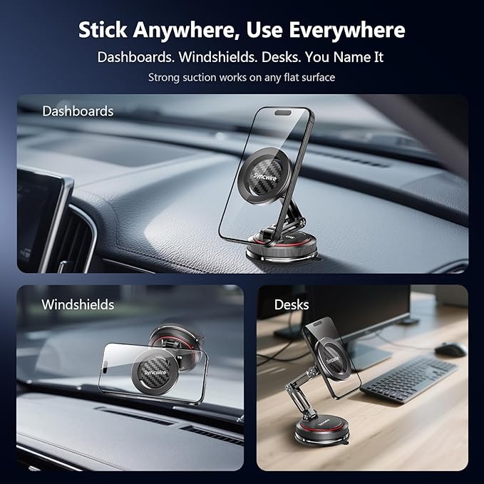 SYNCWIRE for MagSafe Car Mount [3-Axis] Nano Adhesive Gel + Strong Suction Cup Magnetic Phone Holder for Dashboard & Windshield, 360° Adjustable for iPhone 17 16 15 14 13 12, Samsung, Carbon Fiber