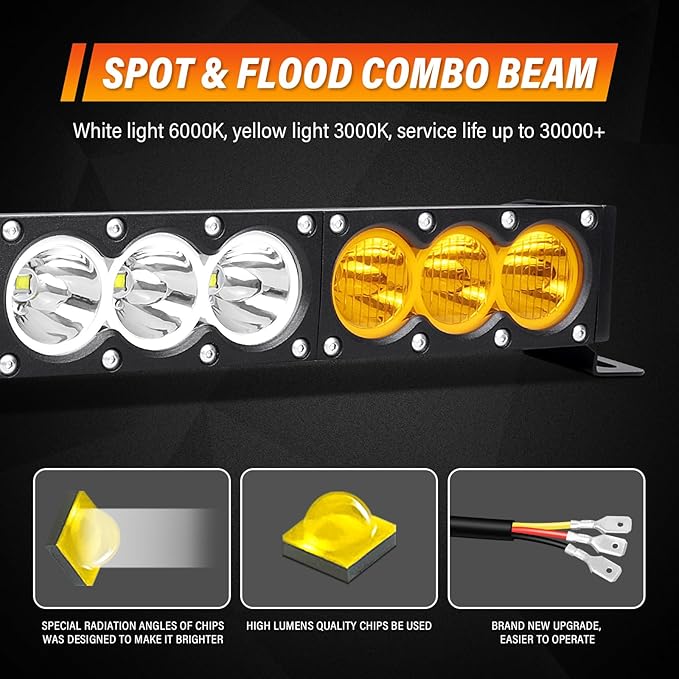 Willpower 49 inch LED Light Bar Single Row White Amber Dual Color 270W Off Road Light Bar Spot Flood Combo LED Work Light Truck UTV 4x4 Cars SUVs ATVs Boats Fog Driving Light with Wiring Harness kit