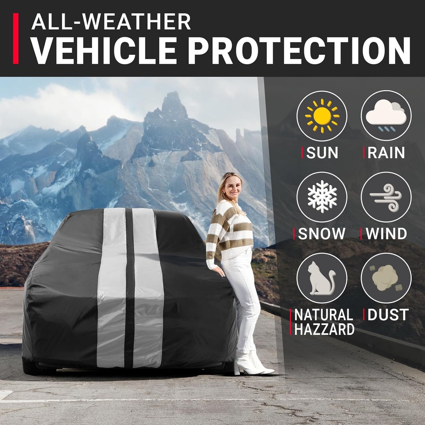 iCarCover Custom Car Cover for Pontiac Tempest 4-Door (1964-1967) Waterproof All-Weather Rain Snow UV Sun Protector Full Exterior Indoor Outdoor Car Cover (Stripe - Black/Gray)