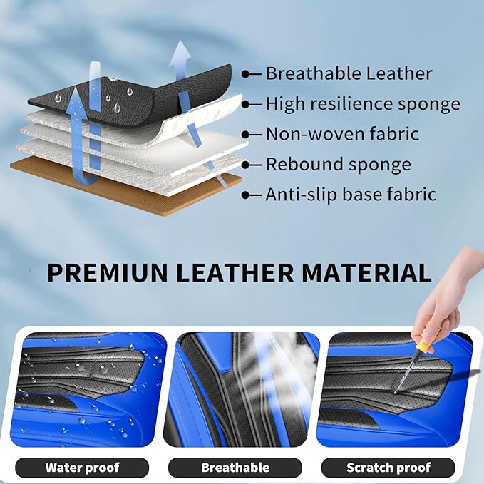 Fit Versa Car Seat Covers Compatible with Nissan Versa 2008-2025 2026 - Premium Leather， Waterproof Breathable， All-Weather Seat Cushion Protecto&Airbag Compatible (2 Front Seat Blue&Black)