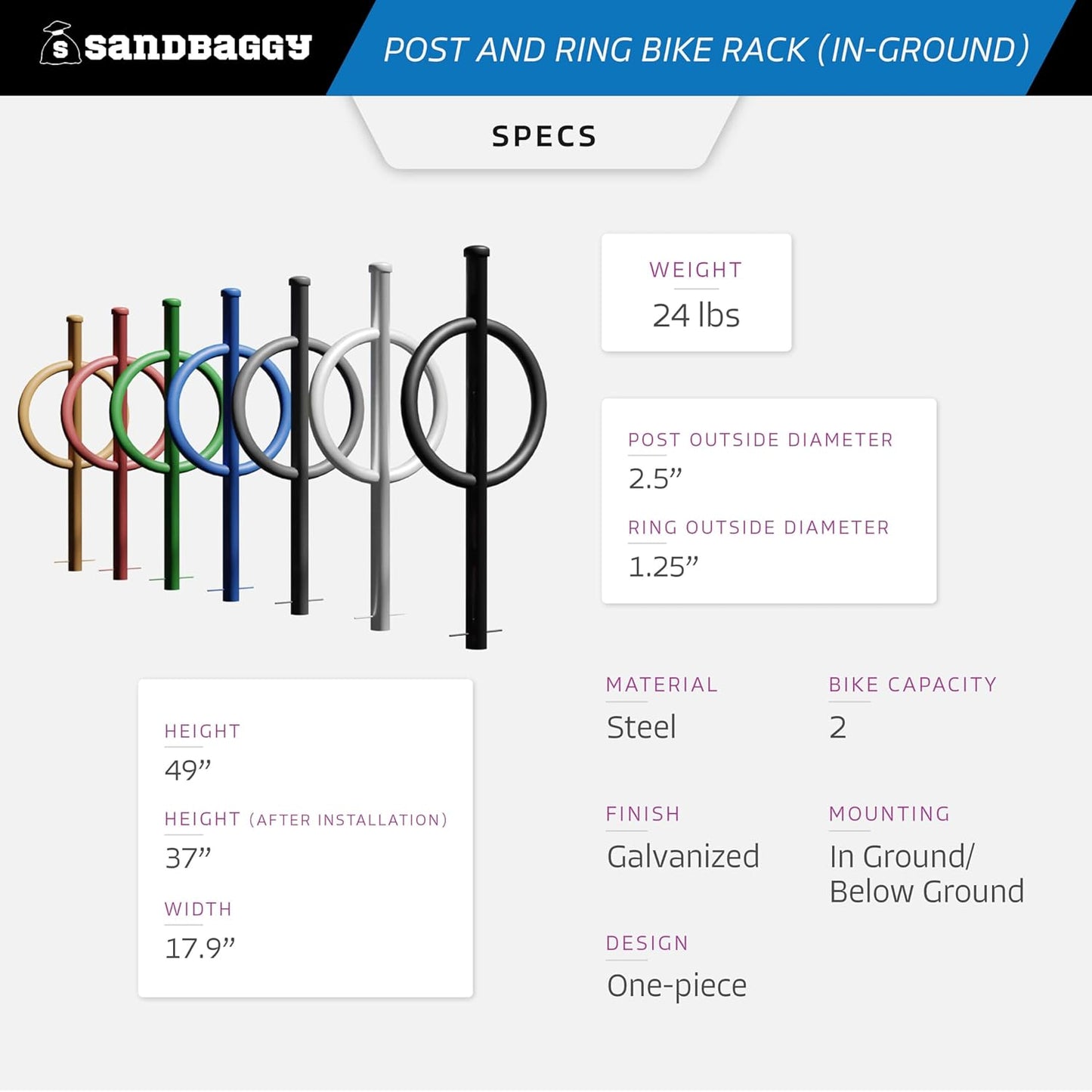 Sandbaggy Post and Ring Rack - In Ground - Commercial Outdoor Bike Parking & Storage Racks (White, 10)