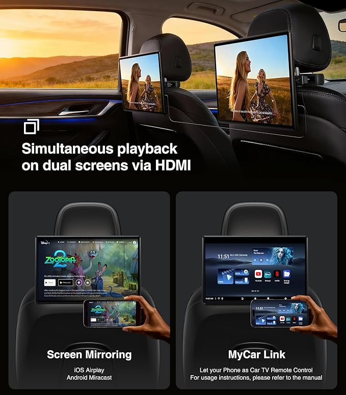 16 inch Android 13 Car Headrest Monitor Screen Car TV Entertainment System for Cars Backseat,Support Phone Wireless Mirroring Sync Screen WiFi HDMI Bluetooth USB SD Video Player (4G+64G (2*pcs))