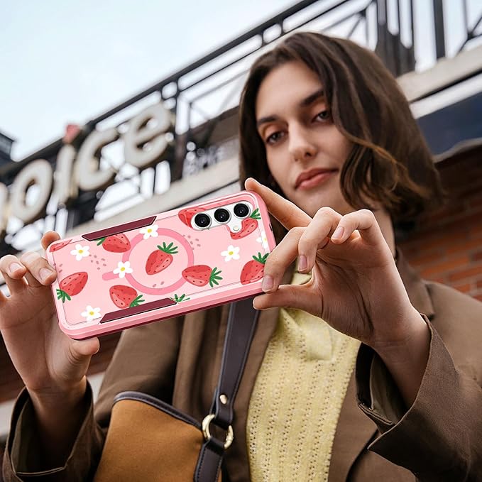 for Samsung Galaxy A16 5G Phone Case - Compatible with MagSafe Women Girls Cute Magnetic Protective Cover Girly Pretty Kawaii Strawberry Heavy Duty Shockproof Design for Samsung A16 5G Case