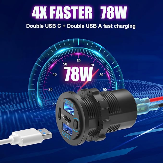2 Pack 12V USB Outlet 4 Port Car Charger, 78W Super Fast Dual PD3.0 & QC3.0 Multiple USB Port for Car, USB C Cigarette Lighter Replacement 12 Volt Socket Waterproof for Marine Boat Motorcycle RV Golf