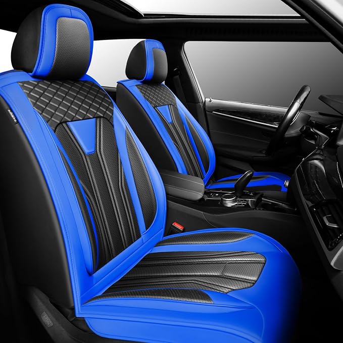 Fit Murano Car Seat Covers Compatible with Nissan Murano 2004-2025 2026 - Premium Leather， Waterproof Breathable， All-Weather Seat Cushion Protecto&Airbag Compatible (2 Front Seat Blue&Black)