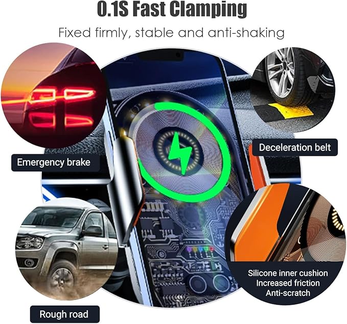 Wireless Car Charger with 360° Rotatable Retention Clip, Anti-Shake Air Vent Phone Holder, Auto-Clamping Car Phone Mount Fit for 4.7-7.2 Inch Width Magnetically Chargeable Phones (Black)