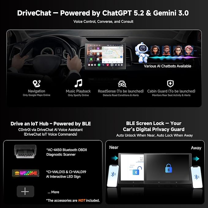 V10 10” QLED Android Double DIN Car Stereo with Car Karaoke, Pro DSP 4V Pre-Out, HDMI Out, aptX HD Bluetoth, 4G LTE, Wireless CarPlay & Android Auto, with 1080P Front Dash Cam & Backup Cam