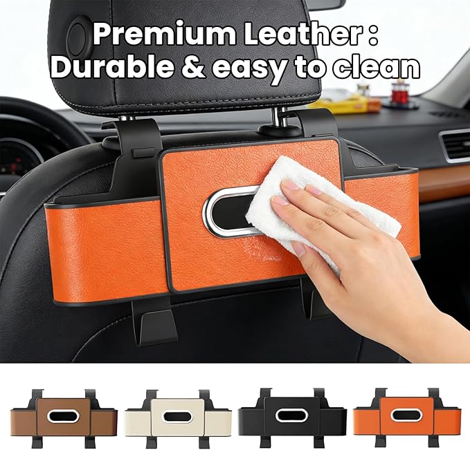 Multifunctional 3‑in‑1 Car Seat Back Storage Box Organizer with Cup Holders, Tissue Box Slot & Headrest Hooks – Backseat Car Organizer for Phones, Snacks, Drinks, Bags, Travel Storage (White)