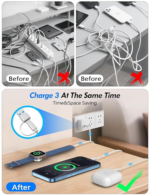 Travel Essentials for Apple Watch Charger,iPhone Charger,3 in 2 Type C/Lightning/Magnetic Travel Charging Cable,Portable Multi Charging Cable for Apple Watch, iPhone 17‑11, Samsung S26,Car,Camera–4ft