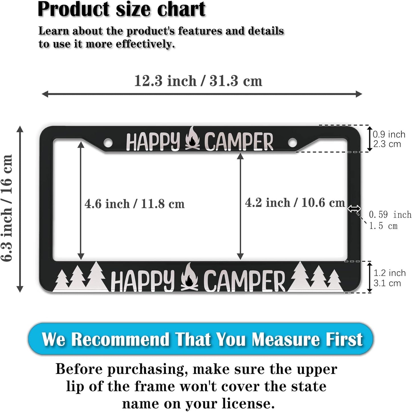 License Plate Frames Black and White Metal License Plate Frame Happy Camper with Campfire Universal Aluminum Car Accessory 2 Pack with Screw Covers Set