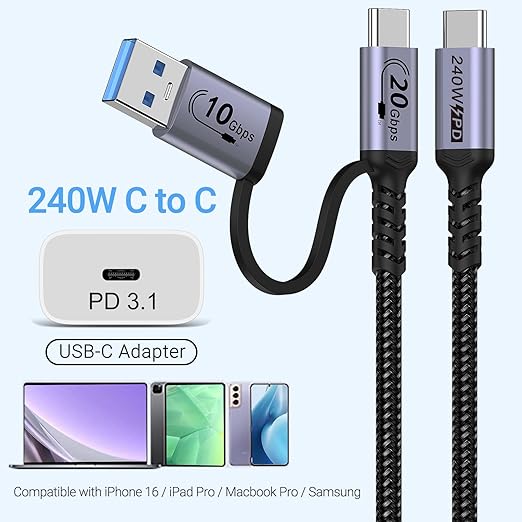 Android Auto USB C Cable 2-in-1 [1.5ft, 2Pack] 240W Max USB 3.1 Gen 2 Fast Charging CarPlay Cable, Compatible with iPhone 16 15 Pro Max, Galaxy S23 S22 Ultra Note 20, SSD