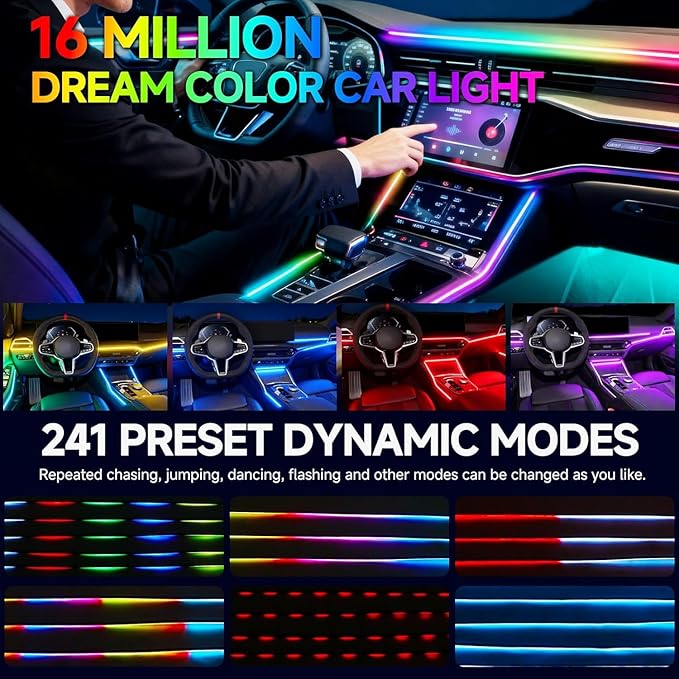 Acrylic Interior Car LED Strip Light with APP Remote Control, 116in 4 in 1 USB RGB Dreamcolor Neon Flexible Strip Fiber Optic LED Ambient Lighting Kits,RGB Music Lights Sync for Inside car Decorations