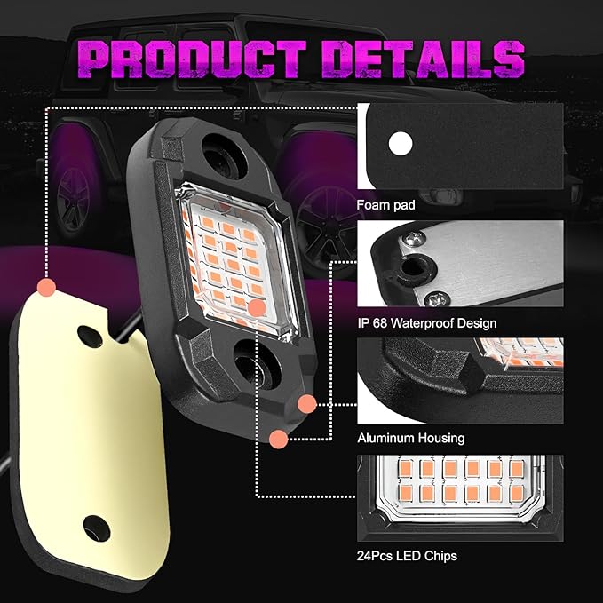 6Pods LED Rock Lights Purple 24 LEDs Chips Neon Trail Rig Lamp Underglow Light for Cars Trucks SUV ATV UTV