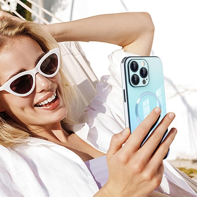 Guppy Compatible with iPhone 14 Pro with MagSafe Case, Magnetic Gradient Case with MagSafe Charging, Gradient Glass Back Cover with Lens Film-Blue