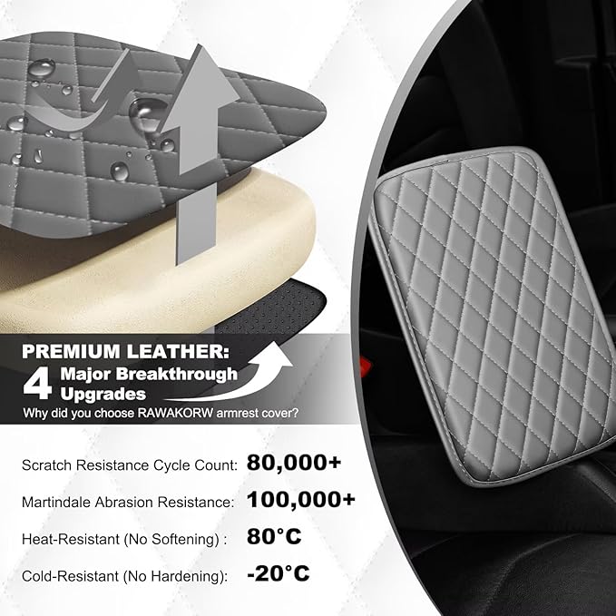 Upgraded Car Center Console Cover Fit for Tacoma Faux Leather Car Armrest Cover Cushion with 2 Storage Bags,Car Armrest Storage Box Interior Accessories(Grey&Whiteline)