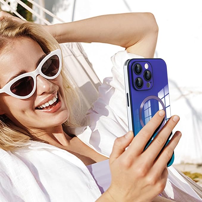 Guppy Compatible with iPhone 13 Pro Max Case Magnetic, with Full Camera Lens Protector [Compatible with MagSafe] Scratch Resistant Gradient Glass Back Cover Phone Case-Purple