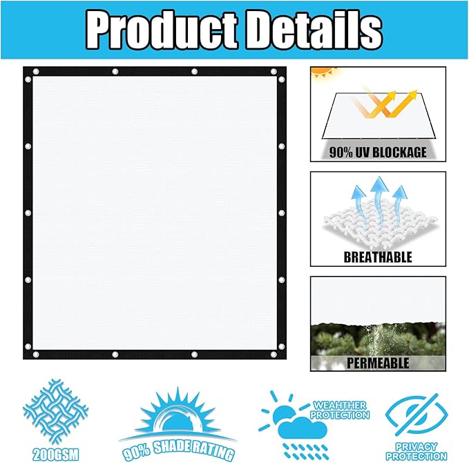 Amagenix 90% Pergola Shade Cover 12' X 12' Sun Shade Cloth with Grommets for Outdoor Garden Patio Porch, Commercial Grade 200 GSM - Cable Zip Ties Included (We Customized) GN108, White