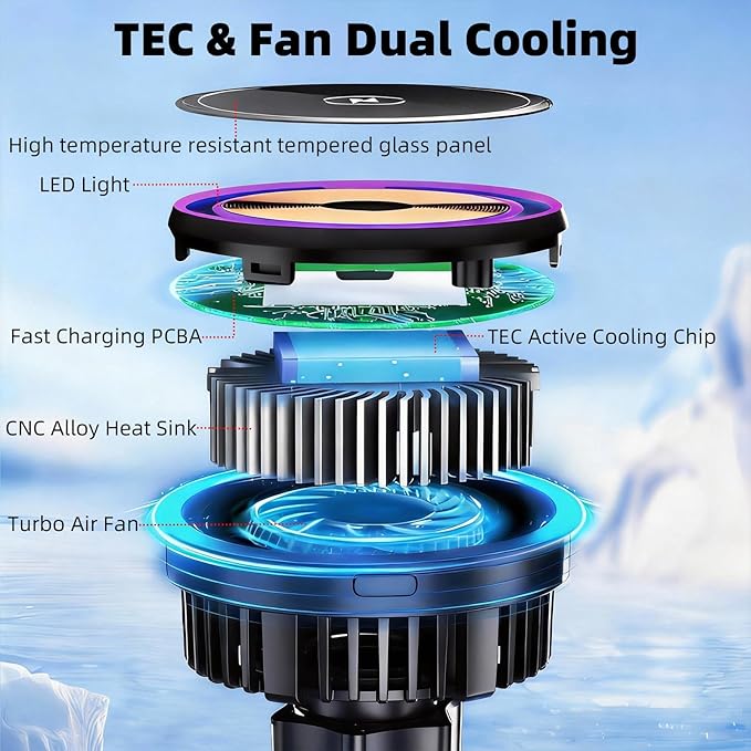 1" Ball Magnetic Wireless Charging Phone Holder with 5.9" Long Arm for MagSafe iPhone 17/16/15/14/13/12 Series - 15W Fast Charging, TEC and Fan Dual Cooling - Compatible with RAM B Size Mounts
