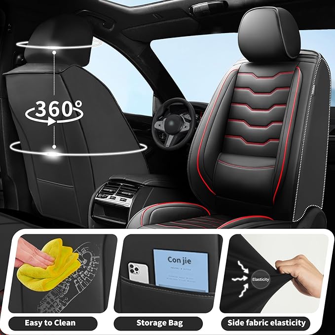 Fit Leaf Car Seat Covers Compatible with Nissan Leaf 2012-2025 2026 - Premium Leather，Waterproof Breathable，All-Weather Seat Cushion Protecto&Airbag Compatible (2 Front Seat Red Line Black)