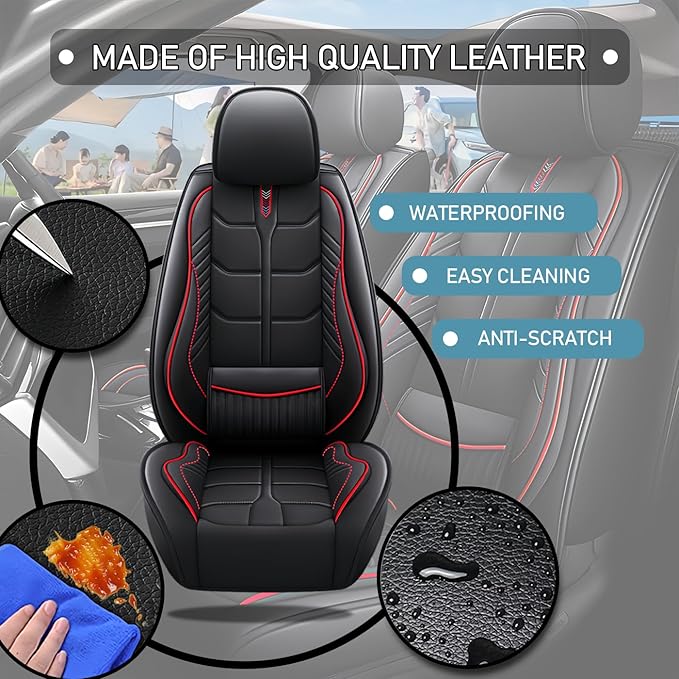 Leather Car Seat Covers Fit for Toyota Sienna 1997-2024, 5 Seater Car Seat Cover, Premium Waterproof, Scratch Resistant Car Interior Accessories (Full Set Black Red)