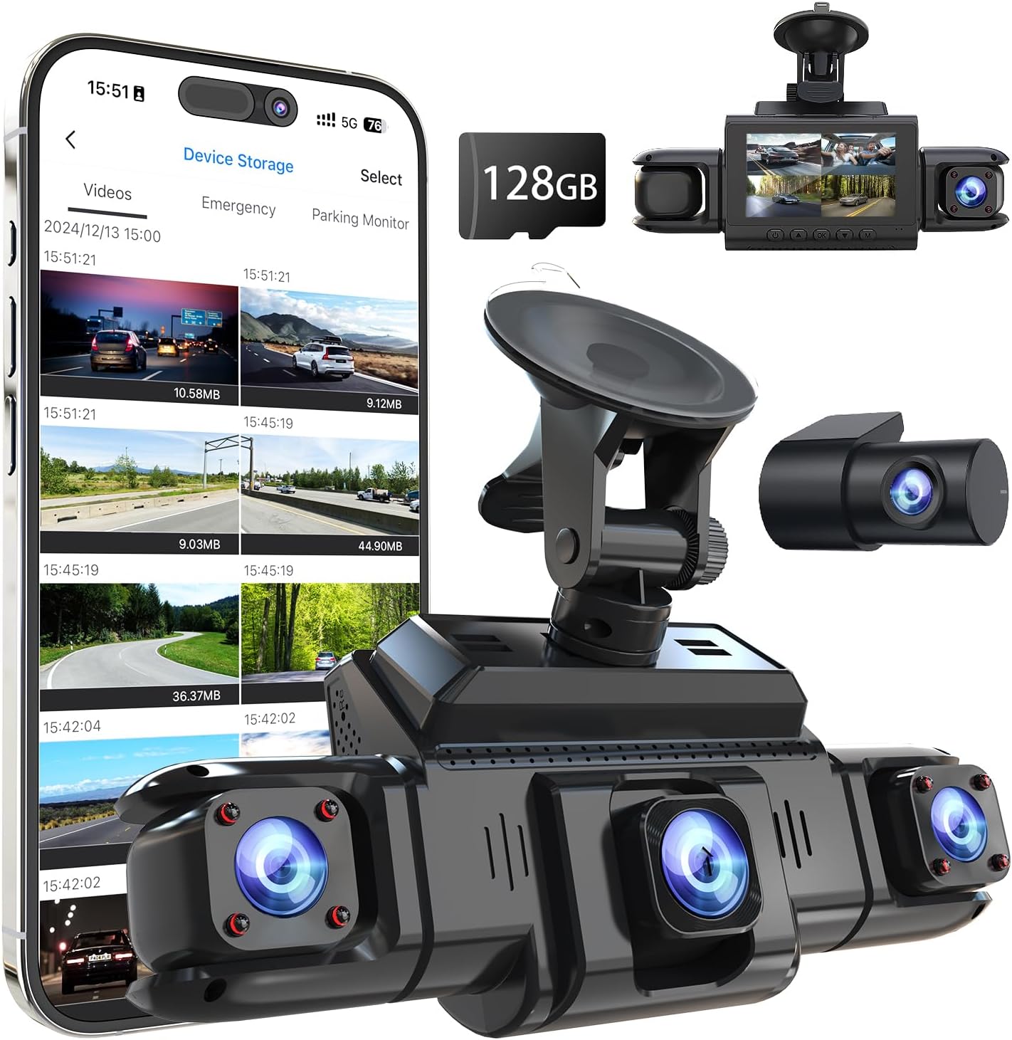 360 뷰 4 채널 대시 캠 전면 및 후면 왼쪽 오른쪽 내부 카메라, 자동차, GPS 및 5G 밴드 WiFi, 야간 시야, 160도 광각, WDR, 24H 주차 모드, 슈퍼 커패시터, 128GB 카드 포함
