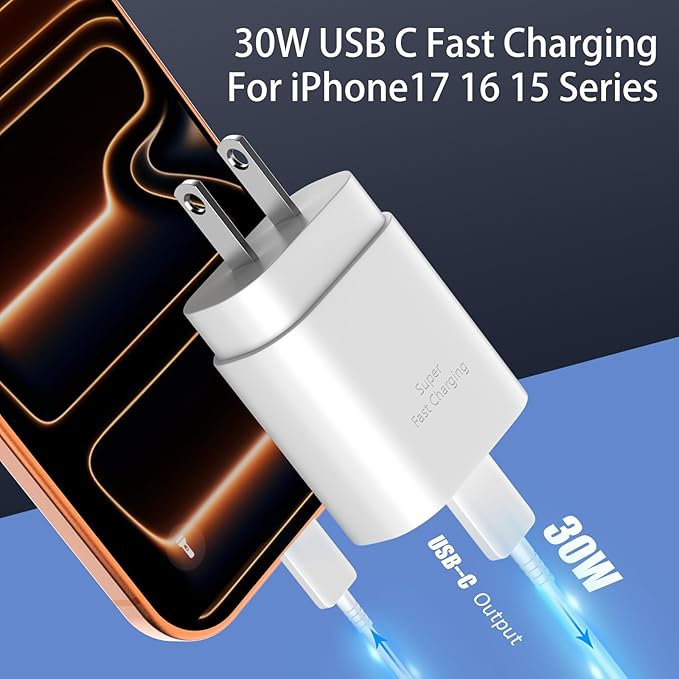 Phone 17 16 15 Charger Fast Charging,30W USB C Phone 17 16 15 Pro Max Charger Block & 12FT Long Type C Cable Cord for i.Phone 17/17 Air/17Pro/17Pro Max/16/16Pro/16 Pro Max/15/15 Pro Max,White
