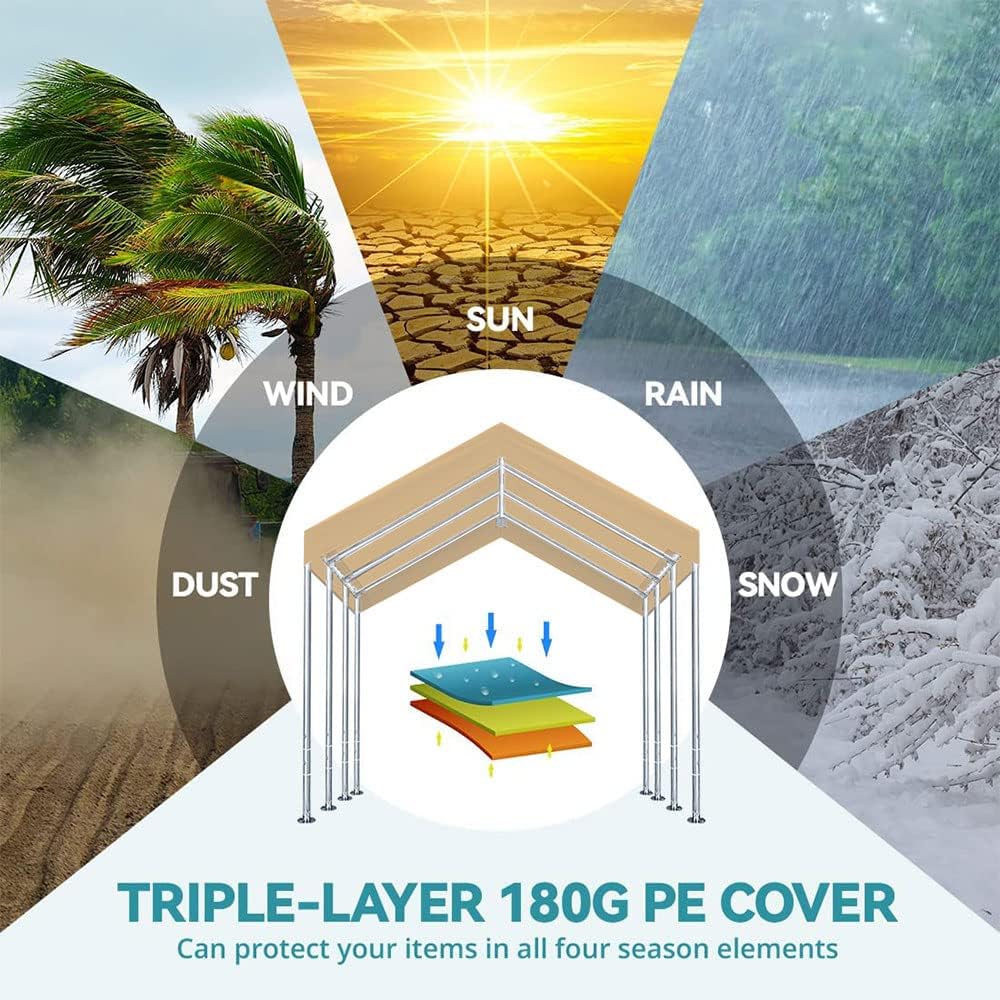 Rutile 10'x20' Carport Canopy ONLY Tent Garage Replacement Top Tarp Car Shelter Cover w/Ball Bungees Beige (Only Top Cover, Frame is not Included)