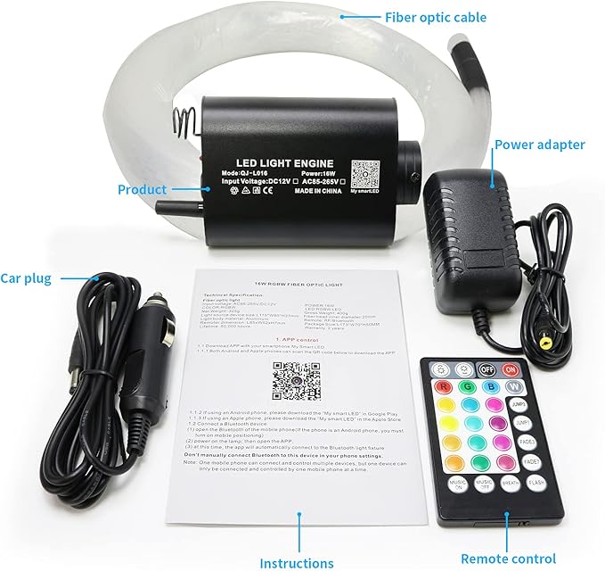 AMKI 16W Fiber Optic Lights,Starlight Headliner Light Kit APP/Remote Control Sound Activated Mode for Car&Home Decoration,Optical Fiber Cable Strands 0.75mm/0.03in 13.1ft/4m 550pcs