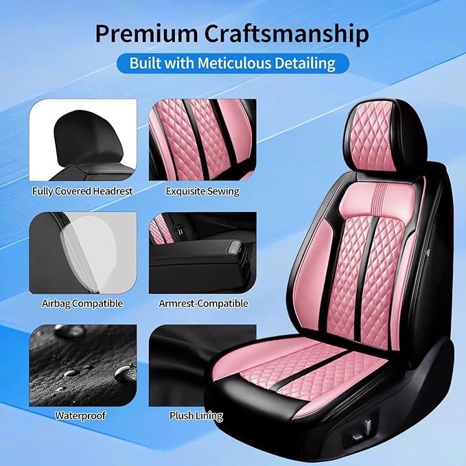 Fit Malibu Car Seat Covers for Chevrolet/Chevy Malibu 2009-2025, Full Coverage Leather, Airbag Compatible, Waterproof All Weather Breathable Seat Cushion Protector, Front Pair Black+Pink
