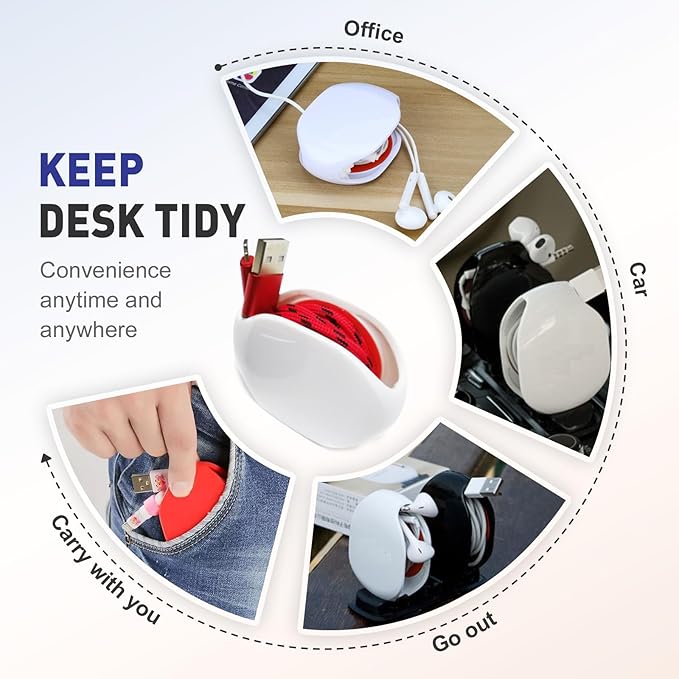 Automatic Cord reel for Phone Cords, Retractable Cable Management Charging Cord Organizer, Small Winder Case for USB Cable Headset Cord Charger Cable for Travel and Organization (WHITE)