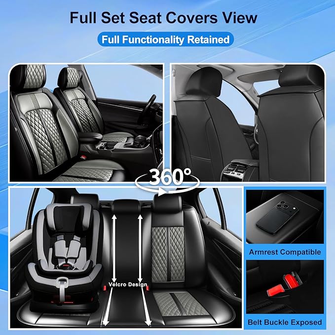 Fit Malibu Car Seat Covers for Chevrolet/Chevy Malibu 2009-2025, Full Coverage Leather, Airbag Compatible, Waterproof All Weather Breathable Seat Cushion Protector, Front Pair Black+Gray