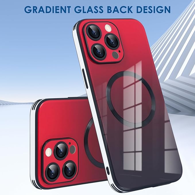 Guppy Compatible with iPhone 14 Pro with MagSafe Case, Magnetic Gradient Case with MagSafe Charging, Gradient Glass Back Cover with Lens Film-Red