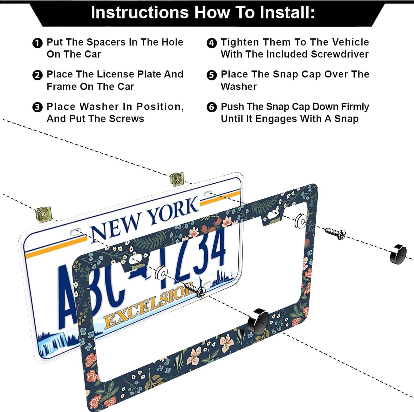 Colorful Floral Flowers License Plate Frames - 2 Pcs Set 2 Holes Stainless Steel Metal Auto Car Accessories Decoration License Plate Frame Cover Size 6.3" x 12.2" Fit US Vehicles for Women Men Gift