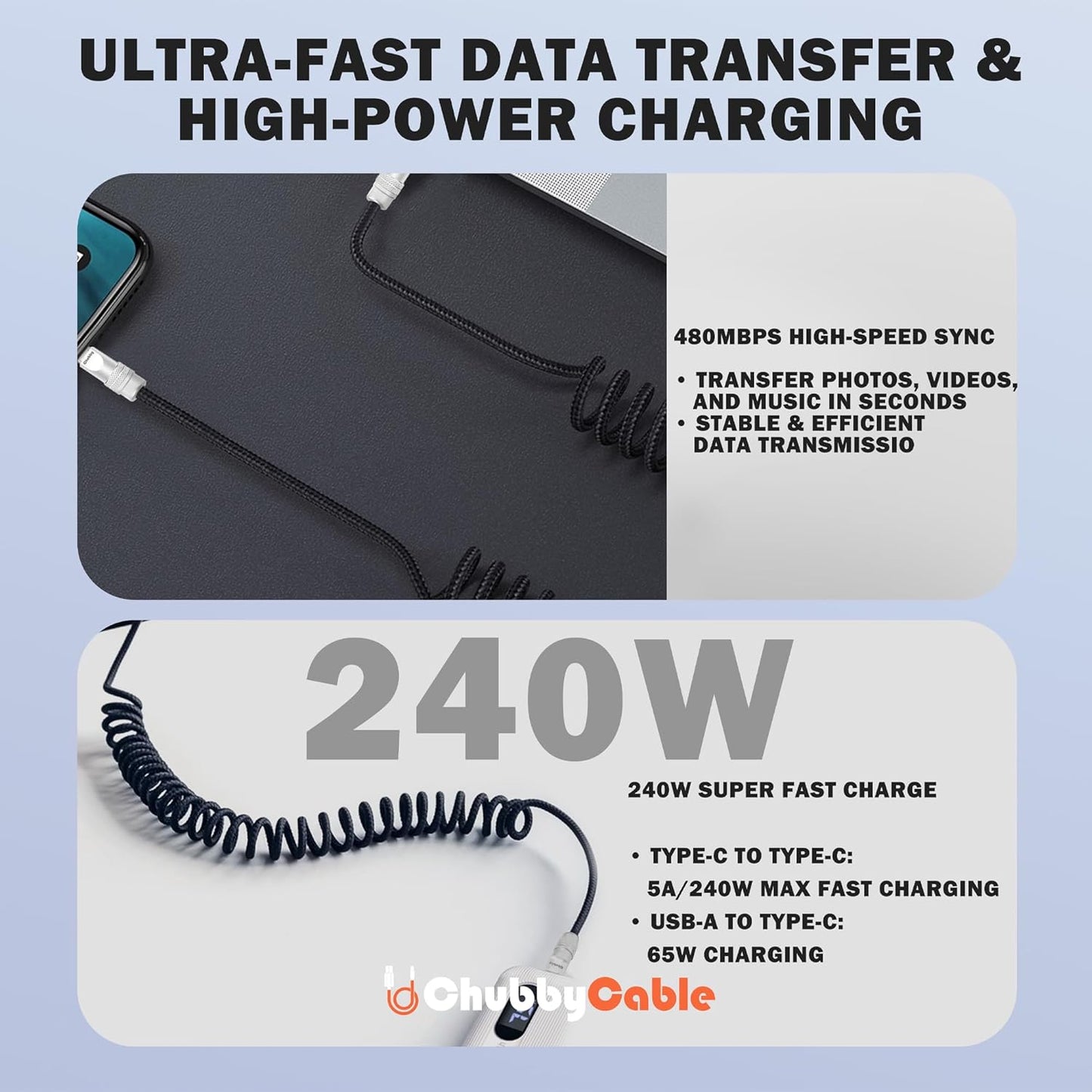 chubbycable Curly Chubby - Retractable Fast Charging Cable 240W Coiled Charger Cord for Car Durable USB-C Cable for Phones, Tablets and More, Light Blue, USB-A to Type-C, 1.3FT-2.3FT