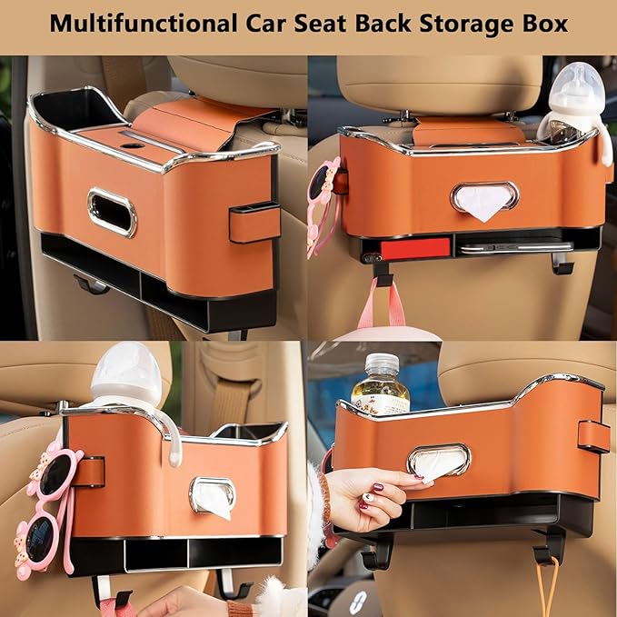 Multifunctional Car Seat Back Storage Box, Multifunctional Car Logo Seat Back Storage Box, Universal back seat car organizer, Car Tissue Organizer Back Seat with 2 Drink Cup Holder (White)