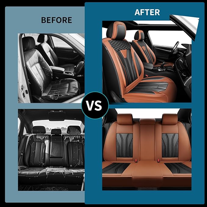 Fit Frontier Car Seat Covers Compatible with Nissan Frontier 2010-2025 2026 - Full Set Premium Leather， Waterproof Breathable， All-Weather Seat Cushion Protecto&Airbag Compatible（Brown & Black