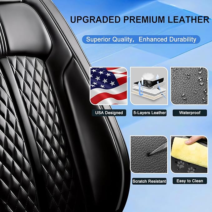 Fit Impala Car Seat Covers (Front Pair) for Select Chevrolet/Chevy Impala 2000-2020, Premium Full Coverage Leather, Airbag Compatible, Waterproof All Weather Seat Protector, Black