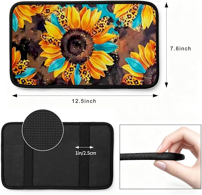 Leopard Sunflowers Vehicle Center Console Armrest Cover Pad,Leopard Sunflower Car Accessories Middle Console Cushion Pad,Arm Rest Mat Decor Sunflowers Gifts for Women for Most Vehicle SUV Truck