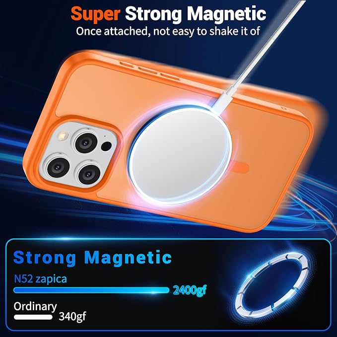 SUPFINE Magnetic for iPhone 15 Pro Max Case with Screen Protector (Compatible with MagSafe) (Military Grade Drop Protection) Translucent Matte Shockproof Phone Cover,Starry Orange