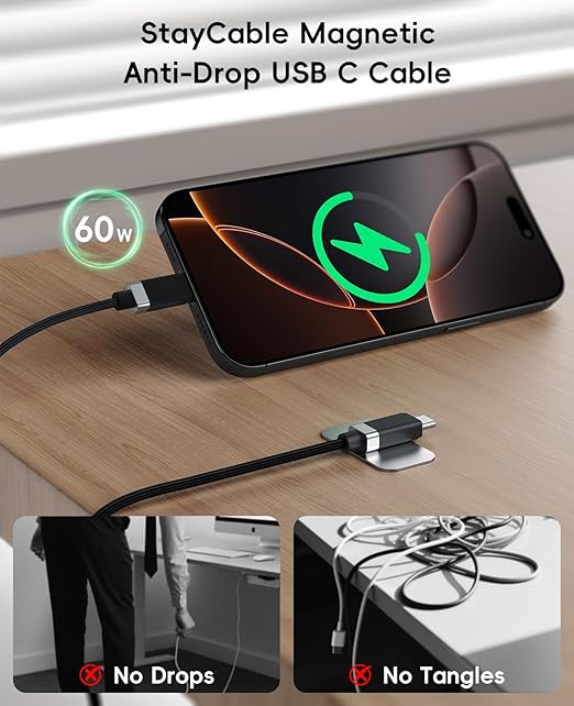Magtame 2Pack USB C to USB C Cable 5FT, StayCable 60W Fast Charging Type-C Cable with Anti-Drop Magnetic Holder for Bedside, Desk, Car, Compatible with iPhone 17/16, Laptop