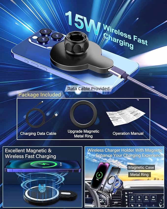 PZK Car Phone Holder for Chevy Silverado 1500/GMC Sierra 1500 2022 2023 2024 2025 2026 Accessories 13.4-Inch Screen Magnetic 15W Fast Wireless Charger Car Phone Mount with 360° Rotating Extension Rod