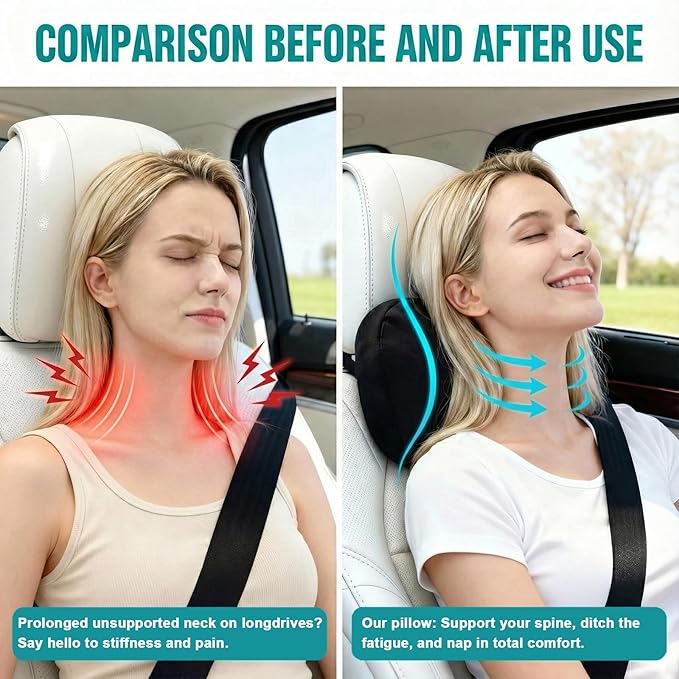 2PCS Car Pillow for Car Neck Pillow for Driving Seat Neck Support Soft Cushion Back Support Head-Rests for Vehicle Sleeping with Elastic Adjustment Strap (Light Pink, Head and Lumbar)