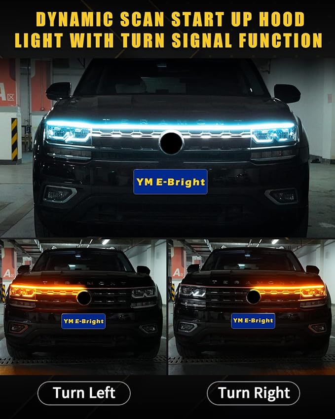 Sequential Turn Signal Light Strip Dynamic Scan Start Up Led Hood Lights Flexible DRL Daytime Running Light for Car,Truck,SUV,Dual Color Ice Blue Amber Flowing Switchback 12V 94inch/240CM (1Set)