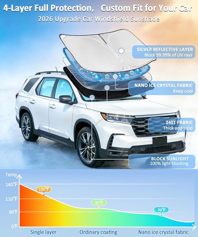 Sun Shade Sunshade for Ford Maverick Hybrid XL XLT Lariat Truck 2022-2025 2026 Windshield Cover, 4-Layers Sun Shield 250T Silver Sun Visor Foldable Window Car Shade Blocks UV Rays