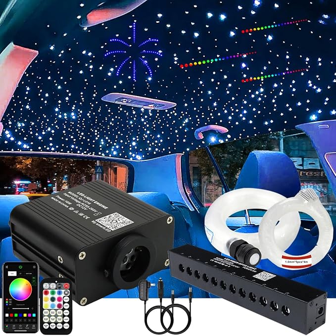 AZIMOM 16W Twinkle & Sound Activate 550pcs*0.03in*9.8ft Fiber Optic Starlight Headliner Kits+RGB Meteor Shooting Star,APP& Remote Control Light Engine End Glow Fiber Strands Home Car Ceiling Décor