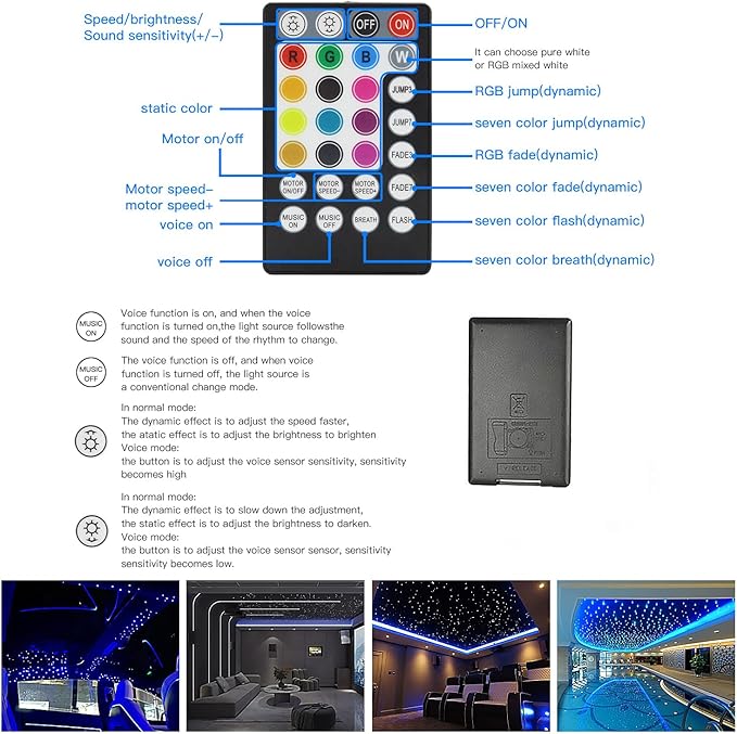 AZIMOM Two Port 16W Twinkle 800pcs Fiber Optic Starlight Headliner Kits 0.03in 13.1ft Fiber Strands Sound Activated Remote APP Control Dual Port Starlight Box Car Home Ceiling Decor