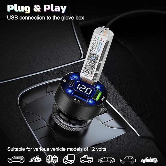 Dreamcolor Acrylic Interior Car LED Strip Light with USB/Type C/4-Port Cigarette Lighter, RGB 10 in 1 with 179.2 inches 650 LEDs Ambient Lighting Kits, Sound Active Function Neon Led Strips for Car
