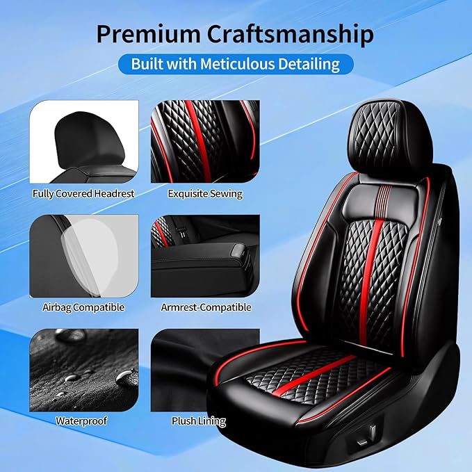 Fit Prologue Car Seat Covers (Front Pair) for Select Honda Prologue 2024-2026 - Premium Full Coverage Leather, Airbag Compatible, Waterproof & All Weather Seat Cushion Protector, Red Trim